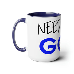 Need Help? Try God (Blue) Two-Tone Coffee Mugs, 15oz