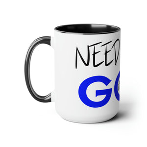 Need Help? Try God (Blue) Two-Tone Coffee Mugs, 15oz