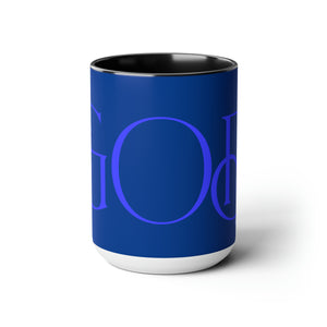 But GOD (Blue) - Two-Tone Coffee Mugs, 15oz