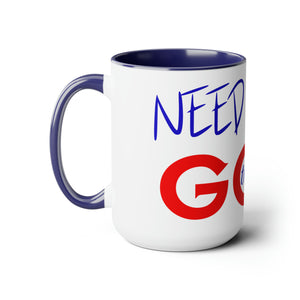 Need Help? Try God (Red w/Blue) Two-Tone Coffee Mugs, 15oz