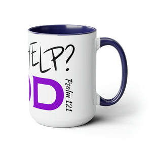 Need Help? Try God (Purple) Two-Tone Coffee Mugs, 15oz