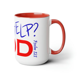 Need Help? Try God (Red w/Blue) Two-Tone Coffee Mugs, 15oz