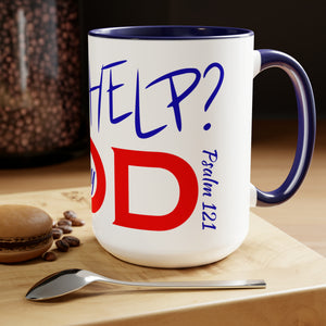 Need Help? Try God (Red w/Blue) Two-Tone Coffee Mugs, 15oz