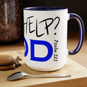 Need Help? Try God (Blue) Two-Tone Coffee Mugs, 15oz