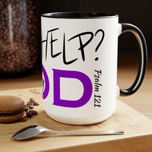 Need Help? Try God (Purple) Two-Tone Coffee Mugs, 15oz