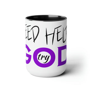 Need Help? Try God (Purple) Two-Tone Coffee Mugs, 15oz