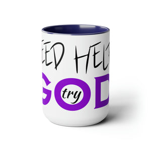 Need Help? Try God (Purple) Two-Tone Coffee Mugs, 15oz