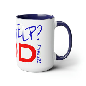 Need Help? Try God (Red w/Blue) Two-Tone Coffee Mugs, 15oz