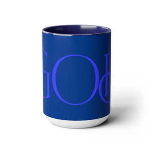 But GOD (Blue) - Two-Tone Coffee Mugs, 15oz