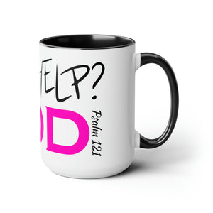 Need Help? Try God (Pink) Two-Tone Coffee Mugs, 15oz