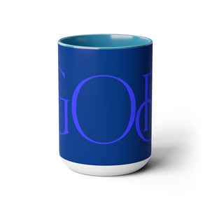 But GOD (Blue) - Two-Tone Coffee Mugs, 15oz