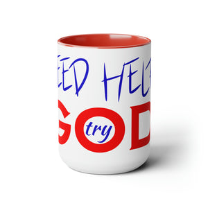 Need Help? Try God (Red w/Blue) Two-Tone Coffee Mugs, 15oz